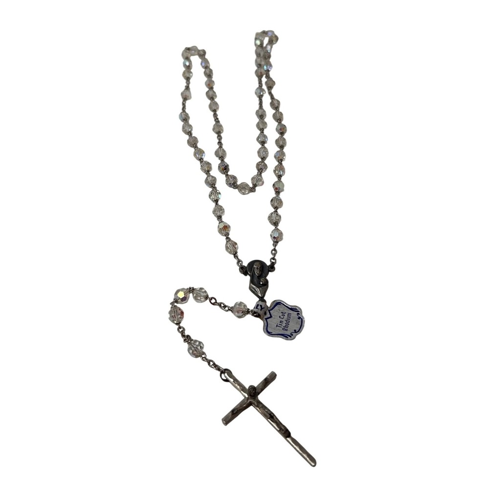Vintage Italy Rosary Aurora Borealis Tin Cut Rhodium Crystal‎ Beads Madonna NWT - Picture 1 of 7